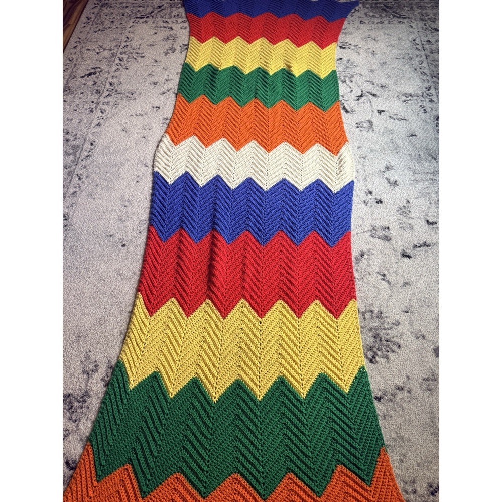 Vintage Handmade Afghan Multicolored Throw Knit Blanket  116" Lx 36"W